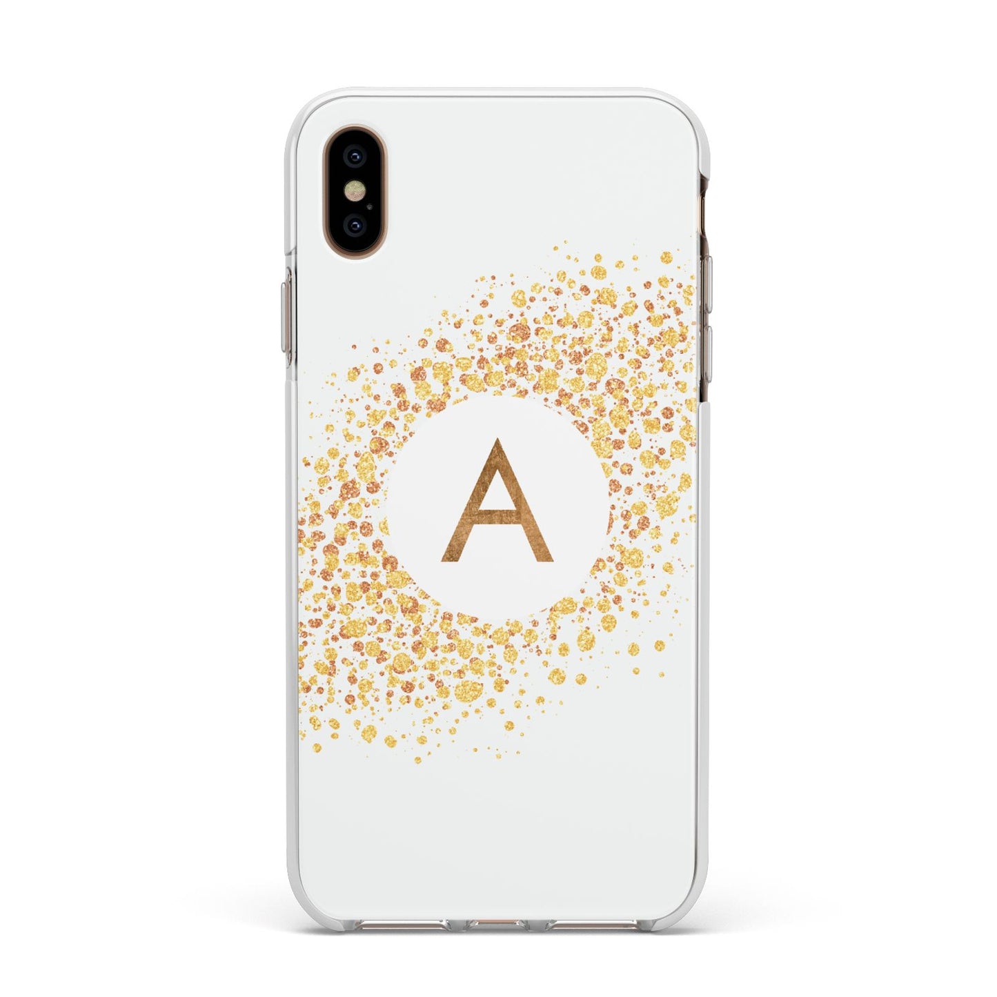 Personalised One Initial Gold Flakes Apple iPhone Xs Max Impact Case White Edge on Gold Phone