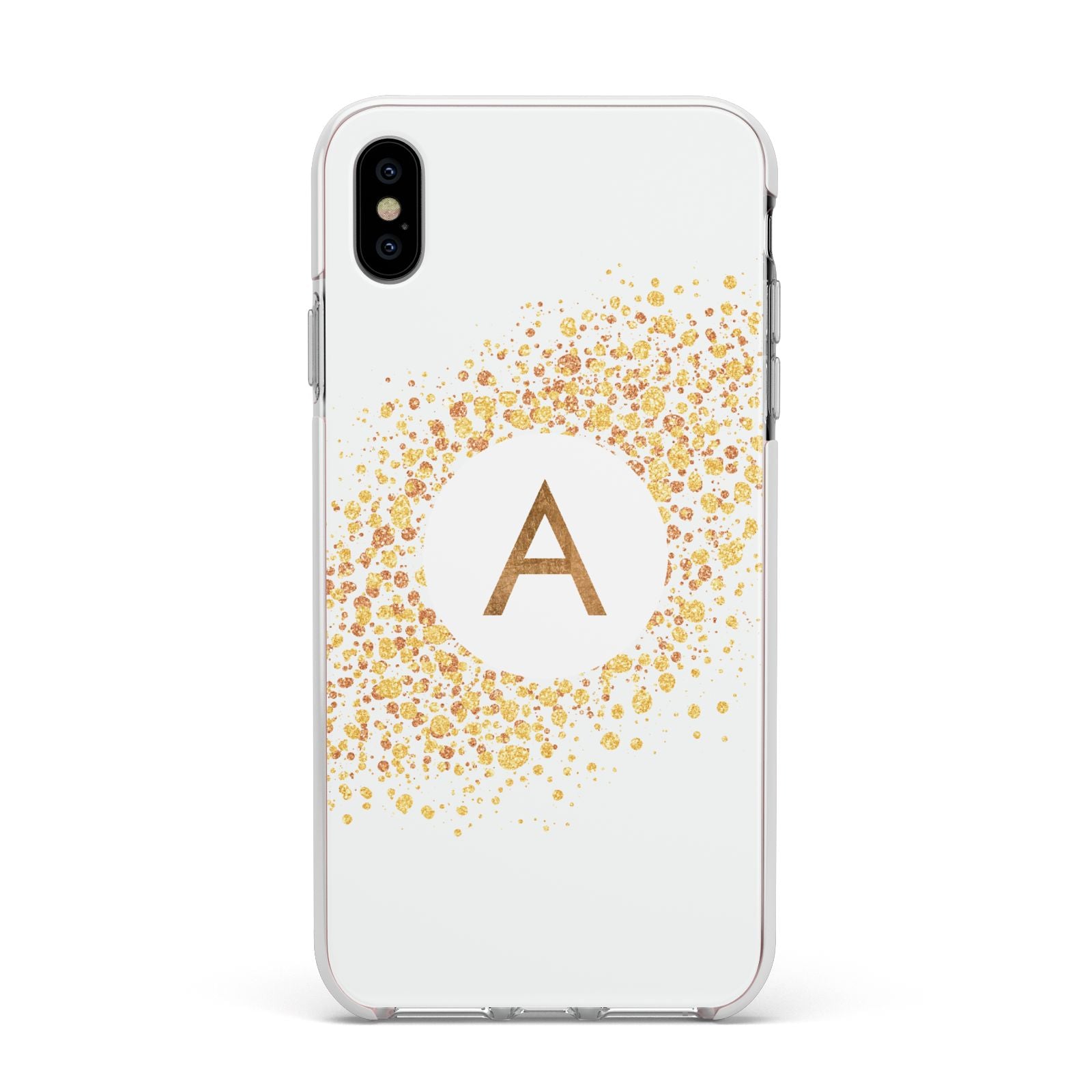 Personalised One Initial Gold Flakes Apple iPhone Xs Max Impact Case White Edge on Silver Phone