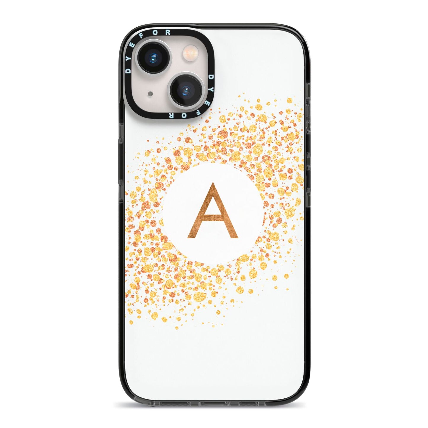 Personalised One Initial Gold Flakes iPhone 13 Black Impact Case on Silver phone