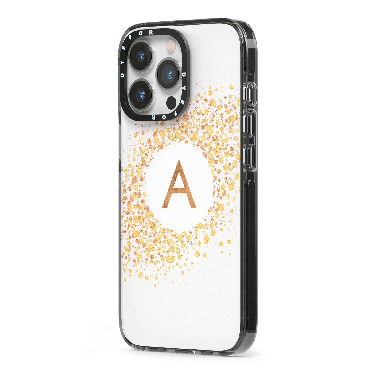 Personalised One Initial Gold Flakes iPhone 13 Pro Black Impact Case Side Angle on Silver phone