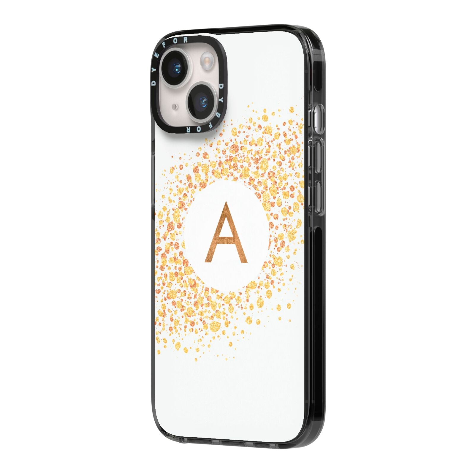 Personalised One Initial Gold Flakes iPhone 14 Black Impact Case Side Angle on Silver phone