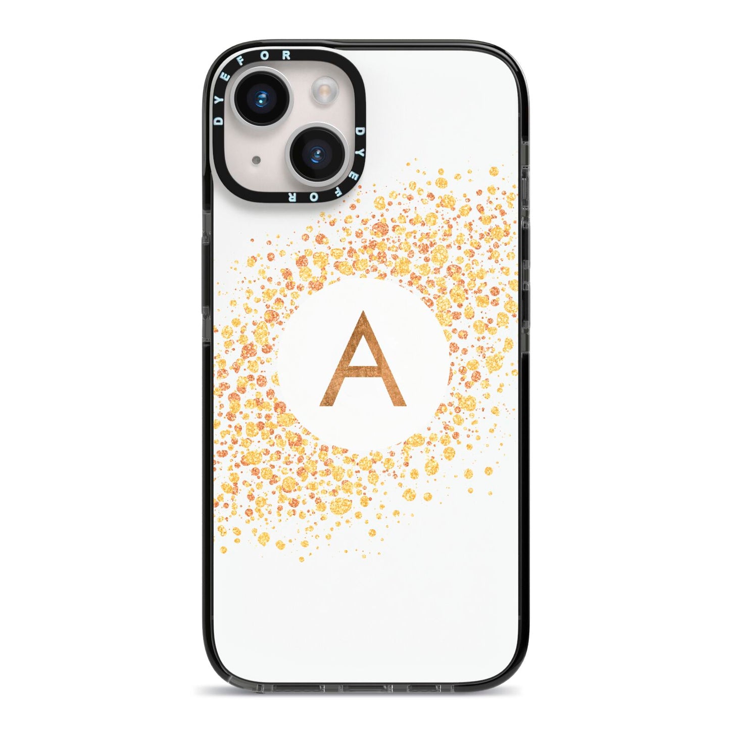 Personalised One Initial Gold Flakes iPhone 14 Black Impact Case on Silver phone