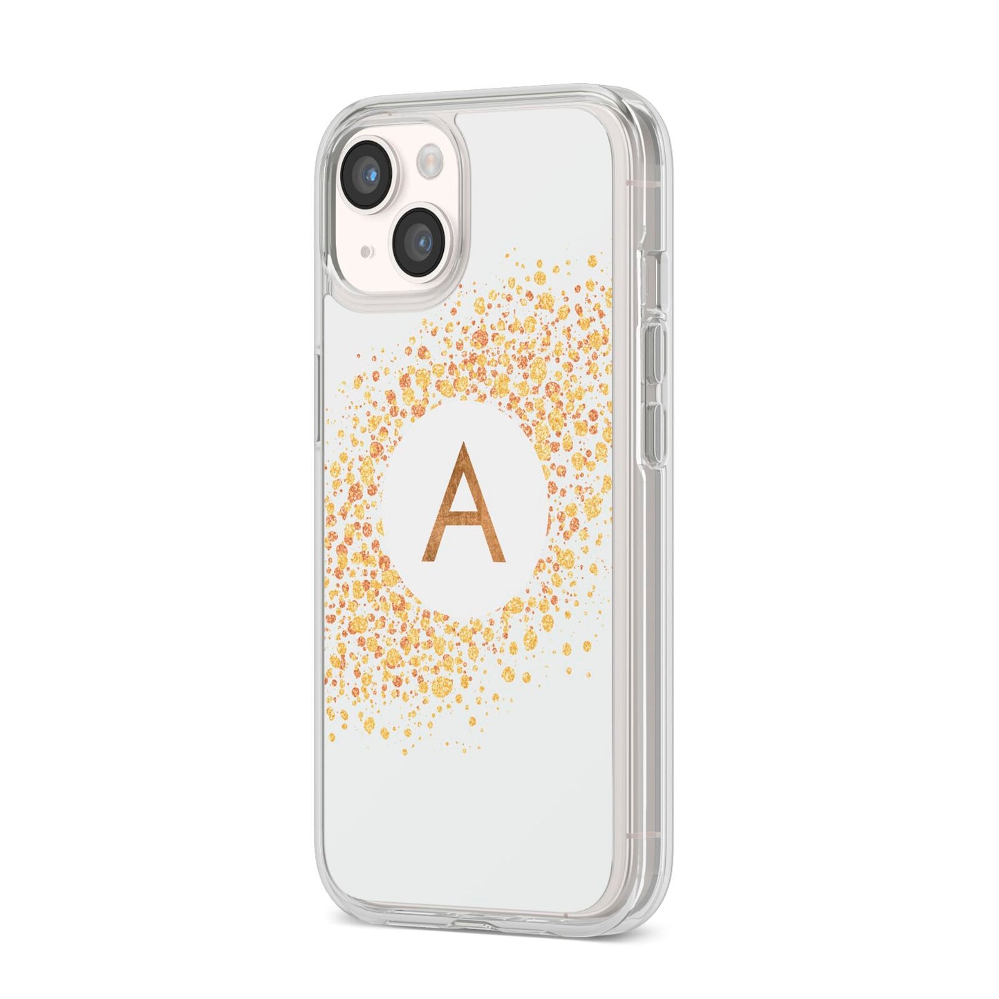 Personalised One Initial Gold Flakes iPhone 14 Clear Tough Case Starlight Angled Image