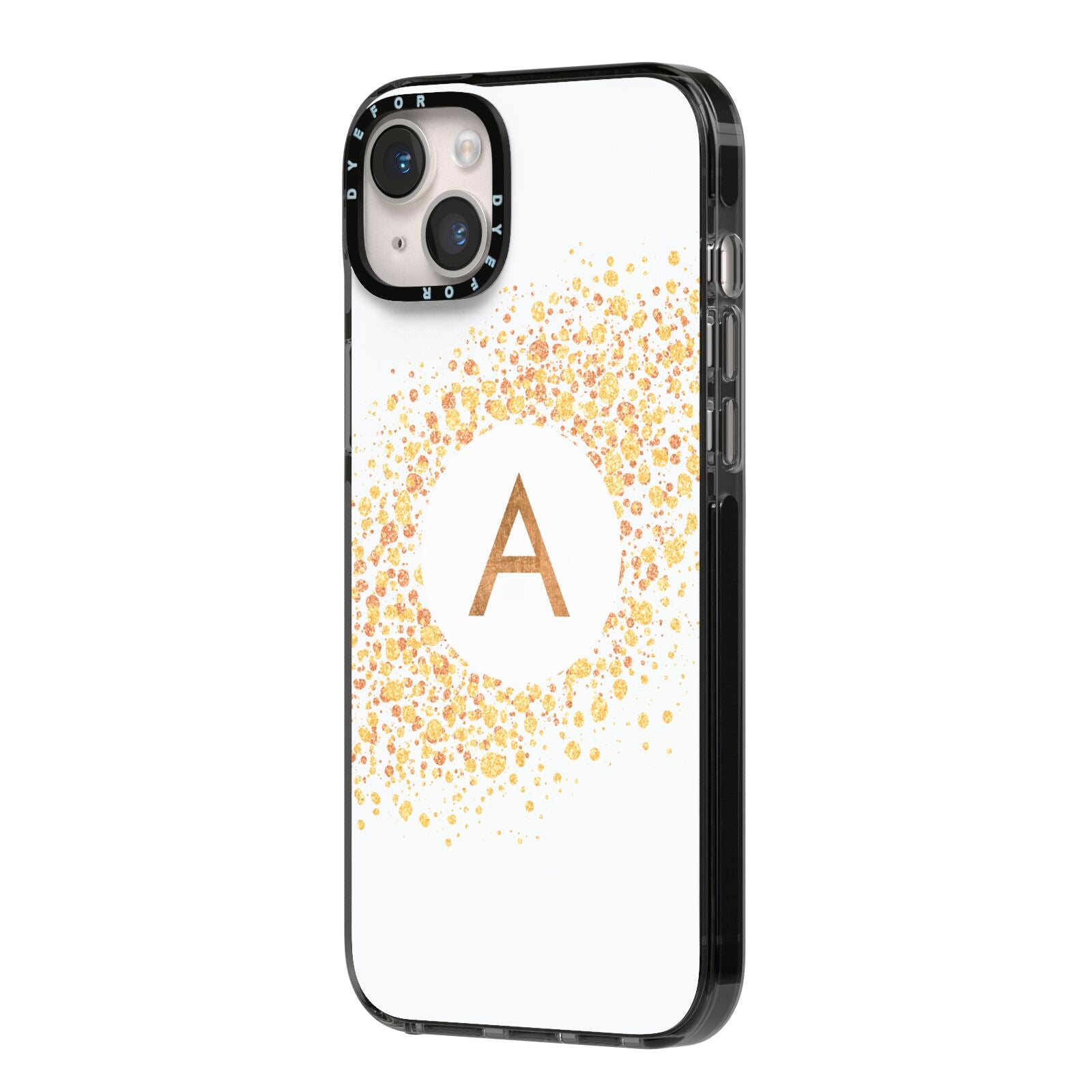 Personalised One Initial Gold Flakes iPhone 14 Plus Black Impact Case Side Angle on Silver phone