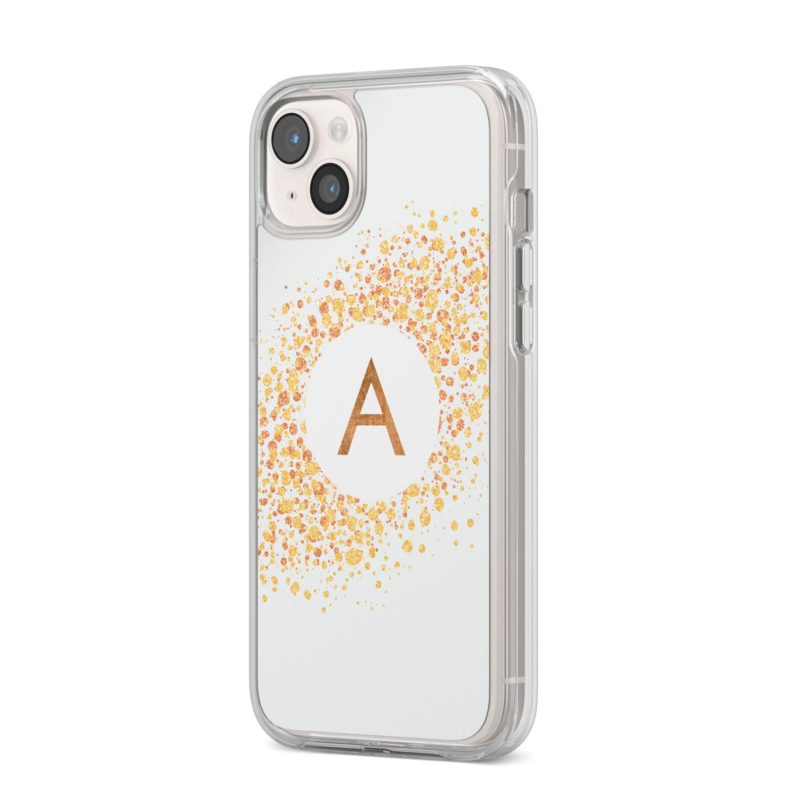 Personalised One Initial Gold Flakes iPhone 14 Plus Clear Tough Case Starlight Angled Image