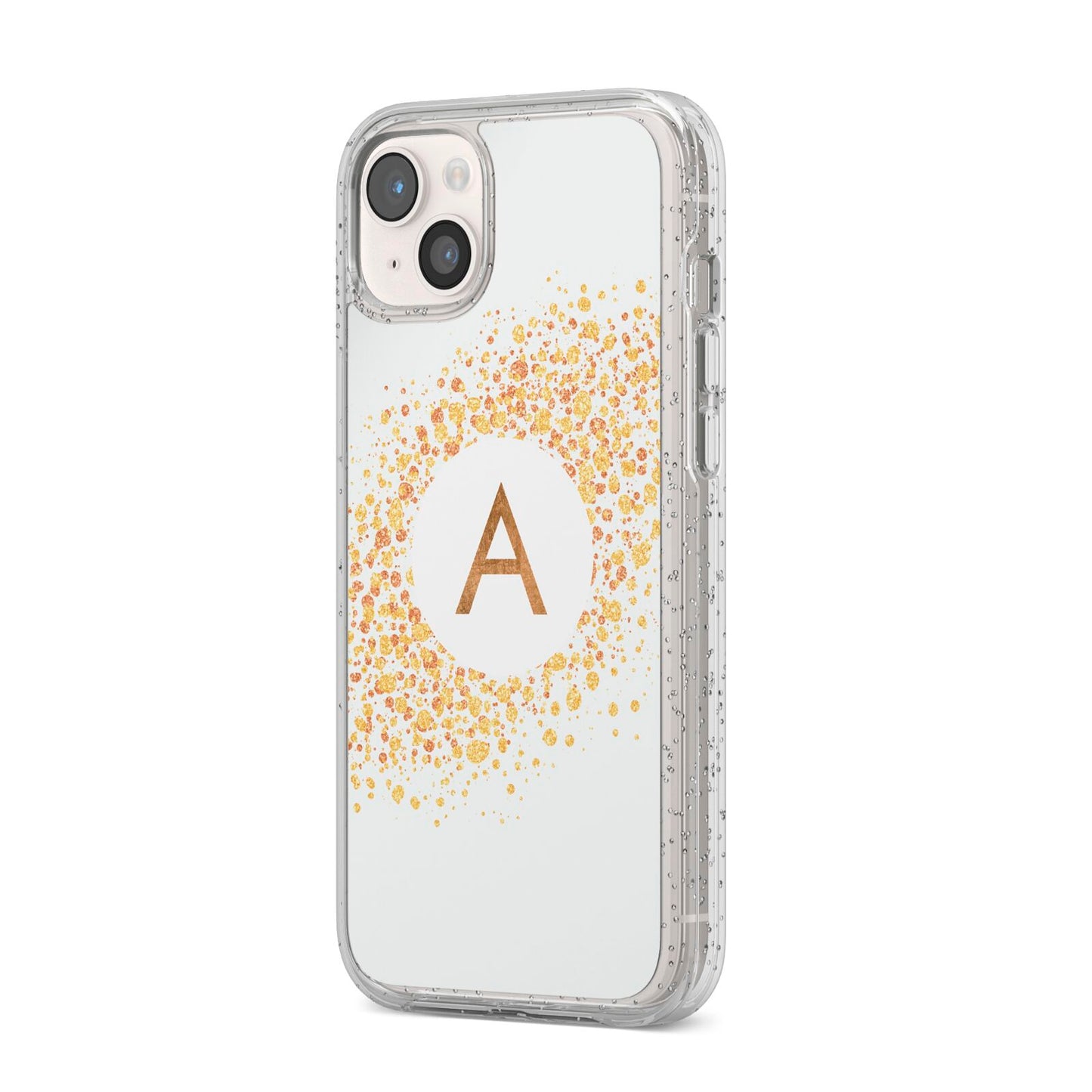 Personalised One Initial Gold Flakes iPhone 14 Plus Glitter Tough Case Starlight Angled Image