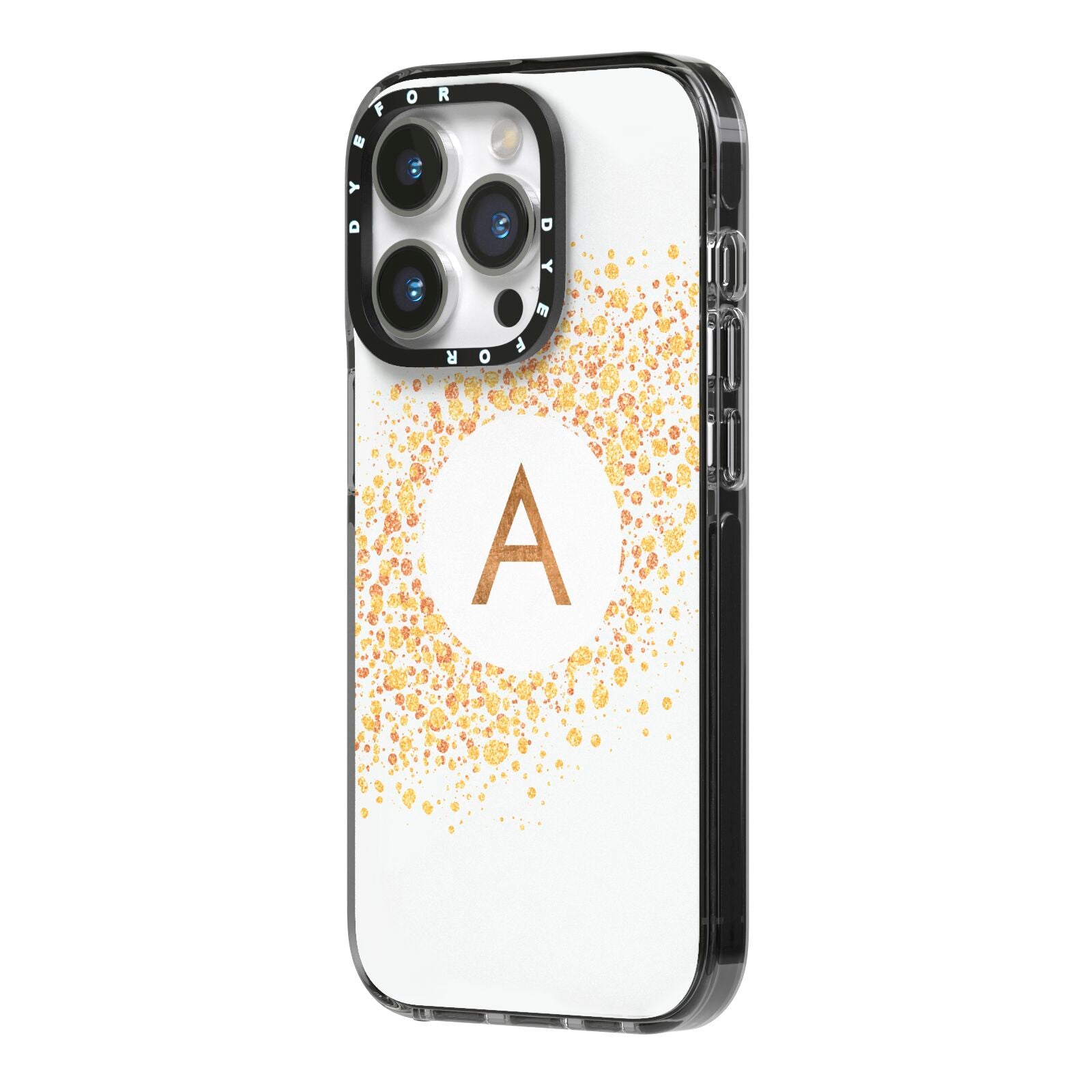 Personalised One Initial Gold Flakes iPhone 14 Pro Black Impact Case Side Angle on Silver phone