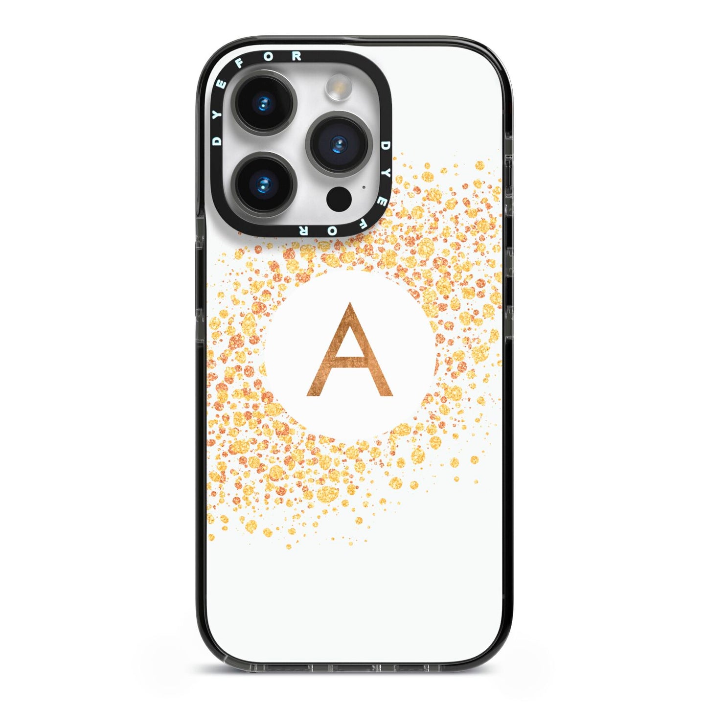 Personalised One Initial Gold Flakes iPhone 14 Pro Black Impact Case on Silver phone