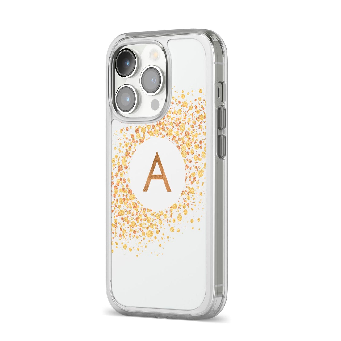 Personalised One Initial Gold Flakes iPhone 14 Pro Clear Tough Case Silver Angled Image