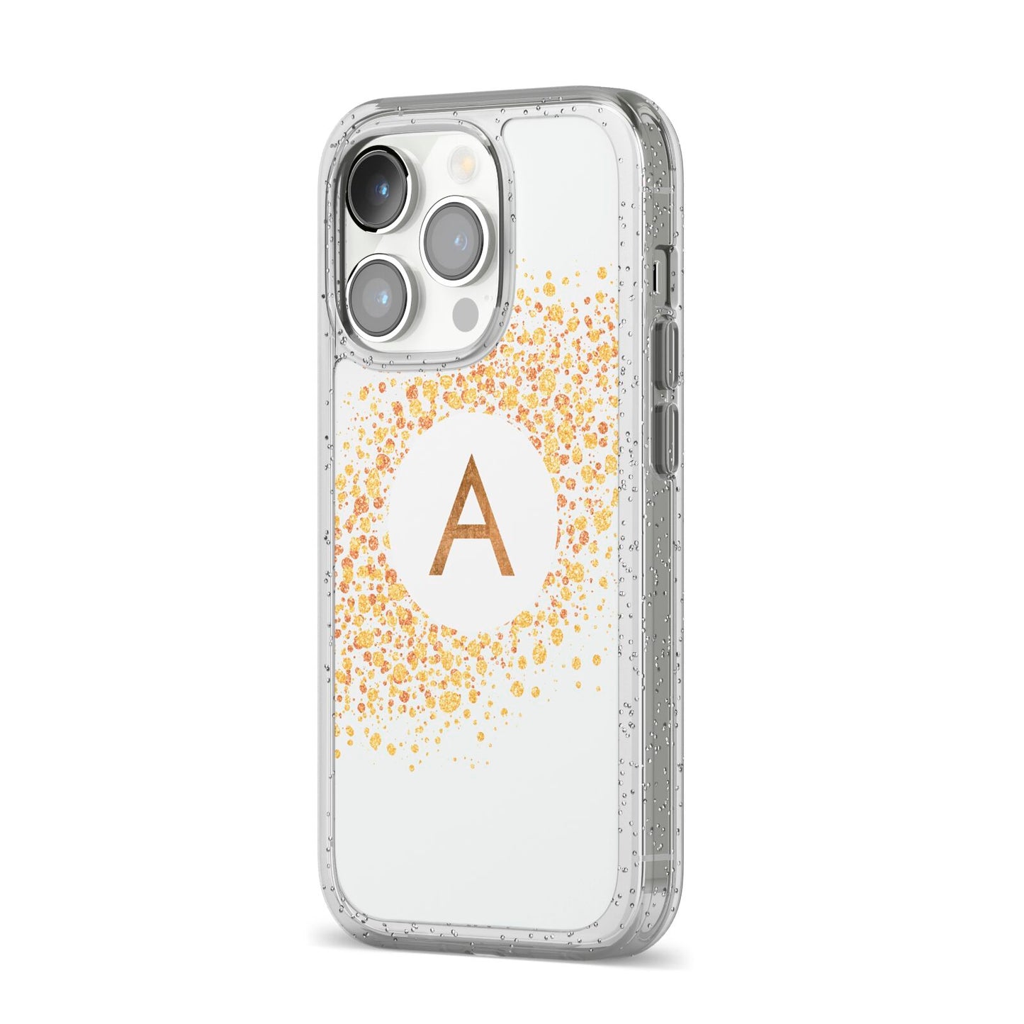 Personalised One Initial Gold Flakes iPhone 14 Pro Glitter Tough Case Silver Angled Image