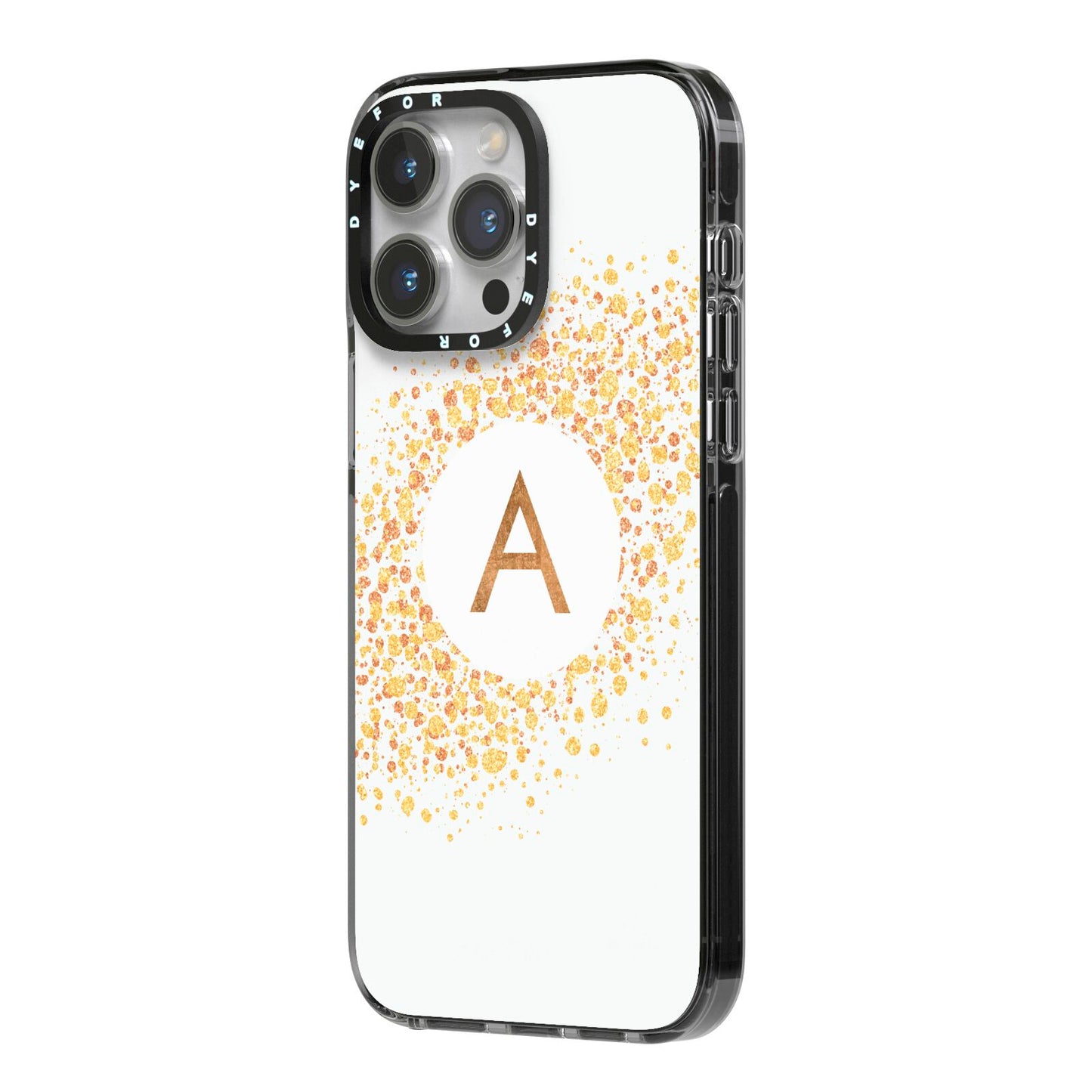 Personalised One Initial Gold Flakes iPhone 14 Pro Max Black Impact Case Side Angle on Silver phone