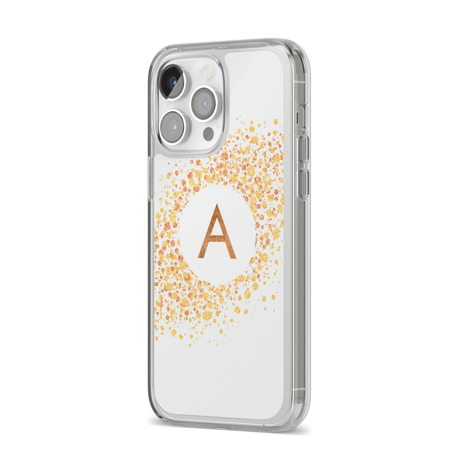 Personalised One Initial Gold Flakes iPhone 14 Pro Max Clear Tough Case Silver Angled Image