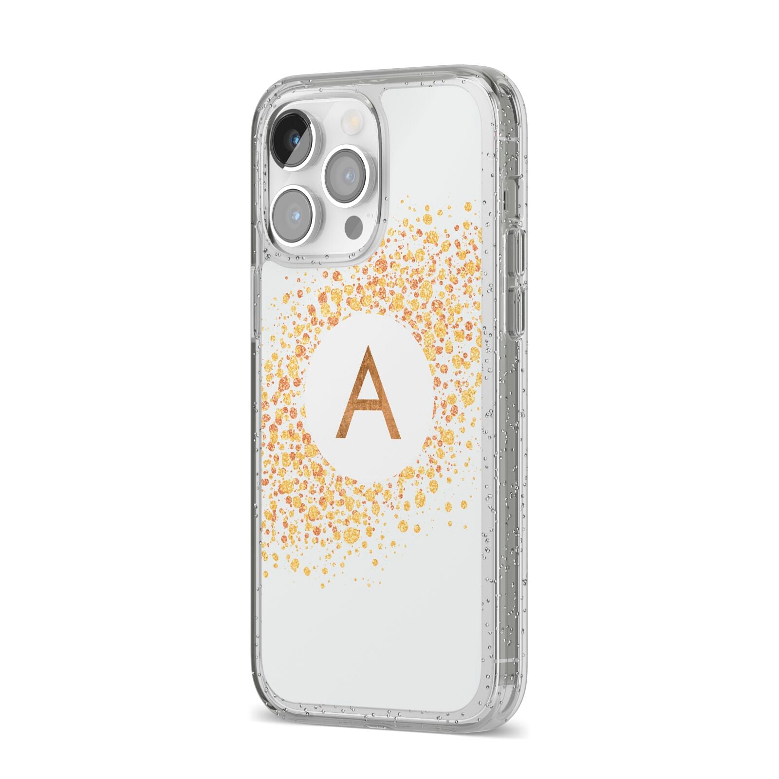 Personalised One Initial Gold Flakes iPhone 14 Pro Max Glitter Tough Case Silver Angled Image