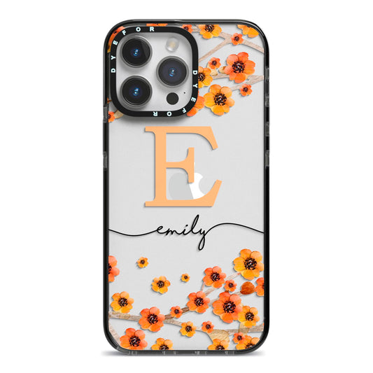 Personalised Orange Flowers iPhone 14 Pro Max Black Impact Case on Silver phone