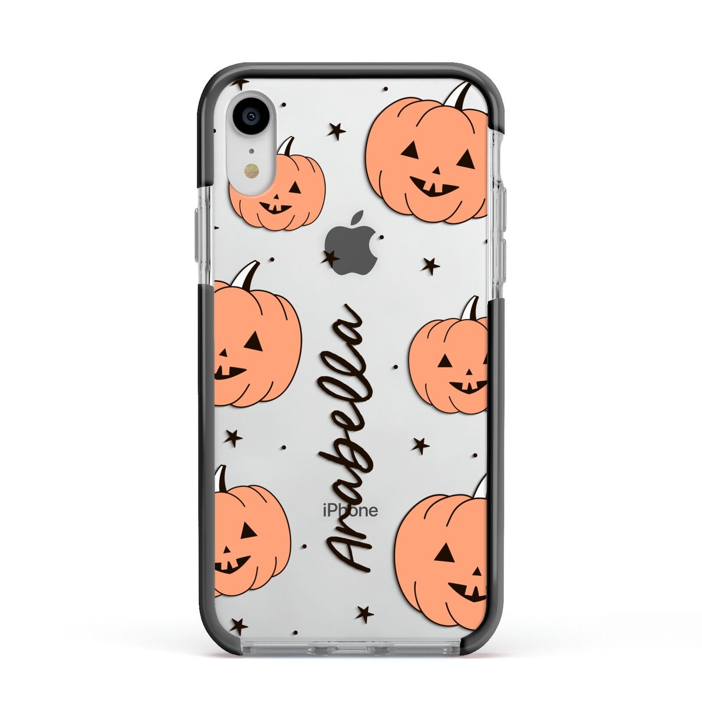 Personalised Orange Pumpkin Apple iPhone XR Impact Case Black Edge on Silver Phone