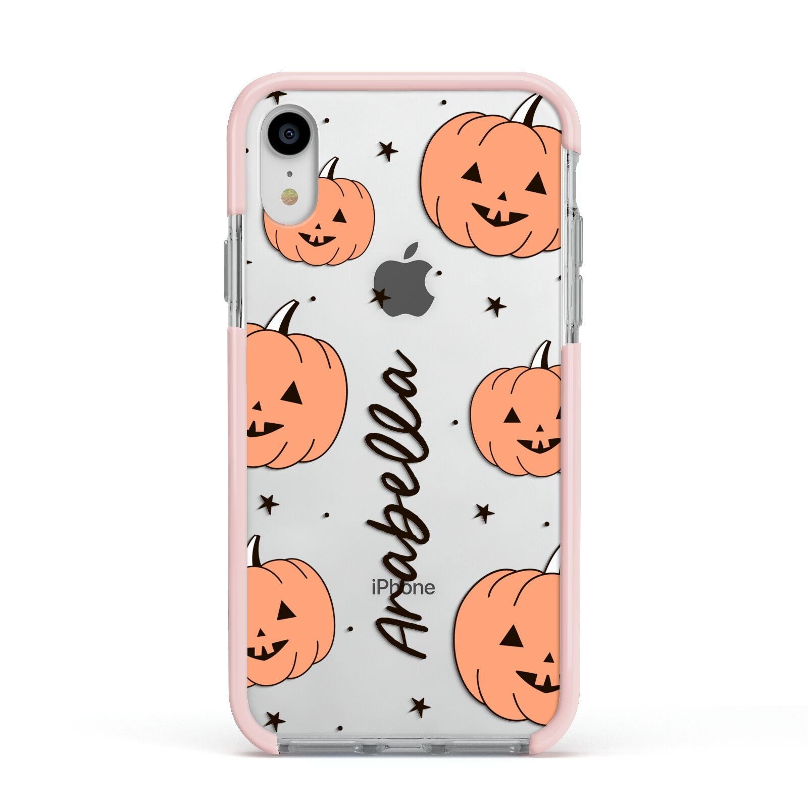 Personalised Orange Pumpkin Apple iPhone XR Impact Case Pink Edge on Silver Phone