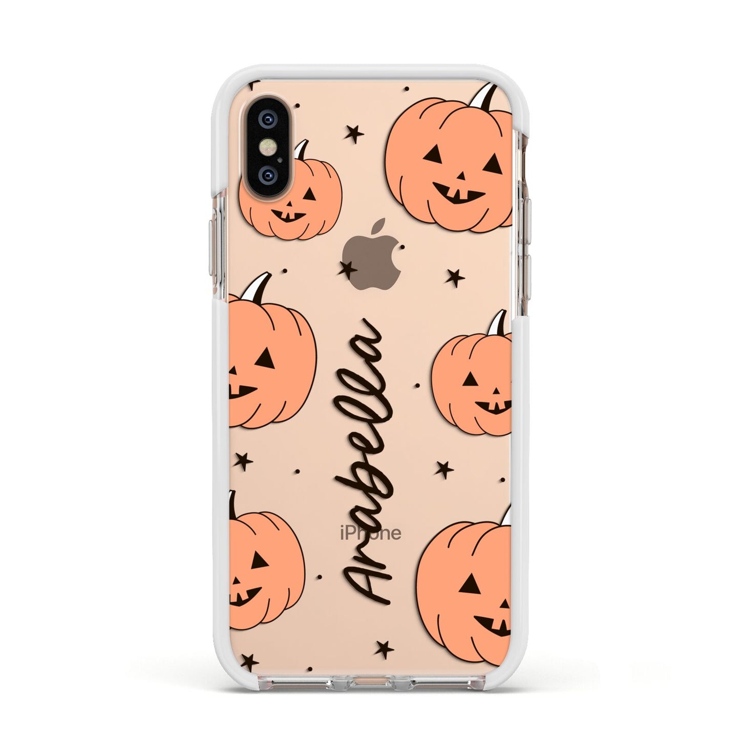 Personalised Orange Pumpkin Apple iPhone Xs Impact Case White Edge on Gold Phone