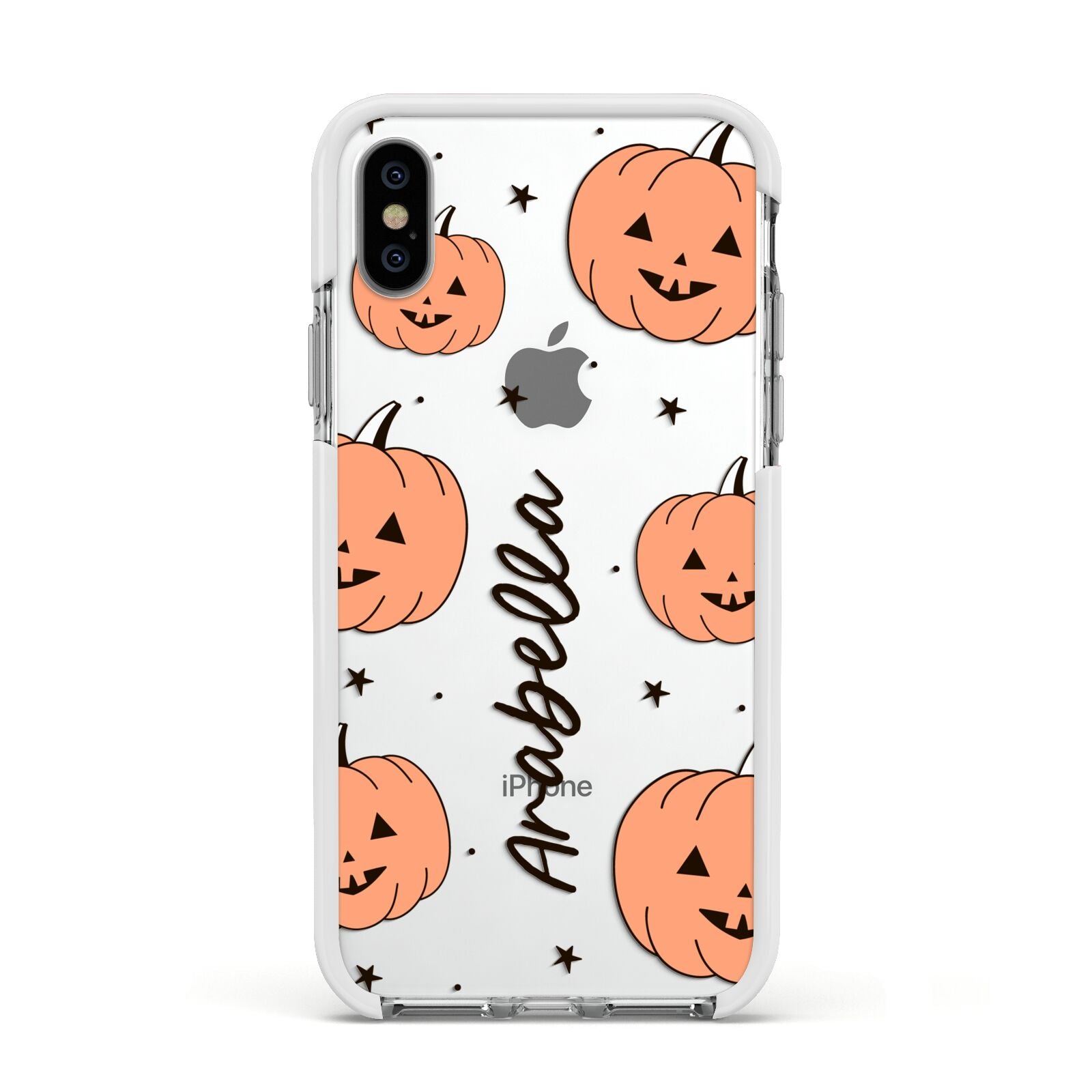 Personalised Orange Pumpkin Apple iPhone Xs Impact Case White Edge on Silver Phone