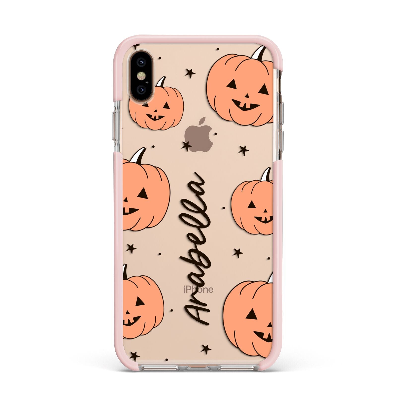 Personalised Orange Pumpkin Apple iPhone Xs Max Impact Case Pink Edge on Gold Phone