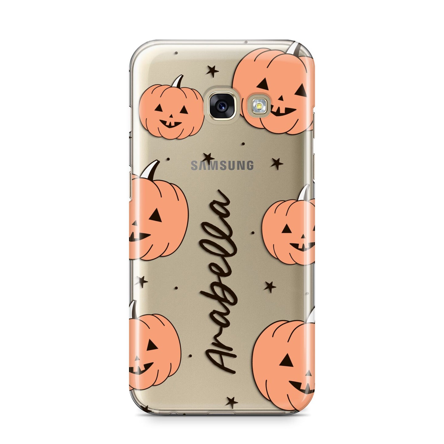 Personalised Orange Pumpkin Samsung Galaxy A3 2017 Case on gold phone