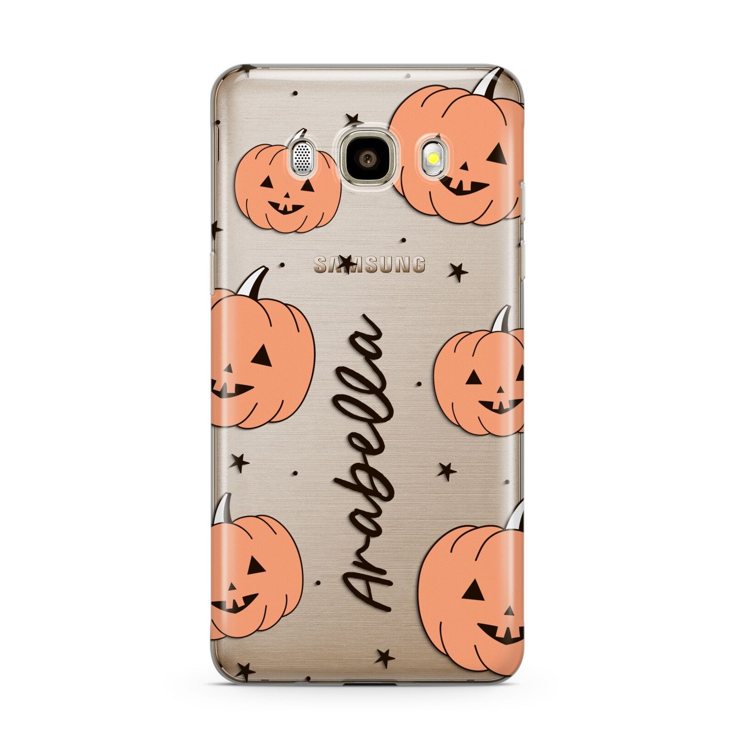 Personalised Orange Pumpkin Samsung Galaxy J7 2016 Case on gold phone