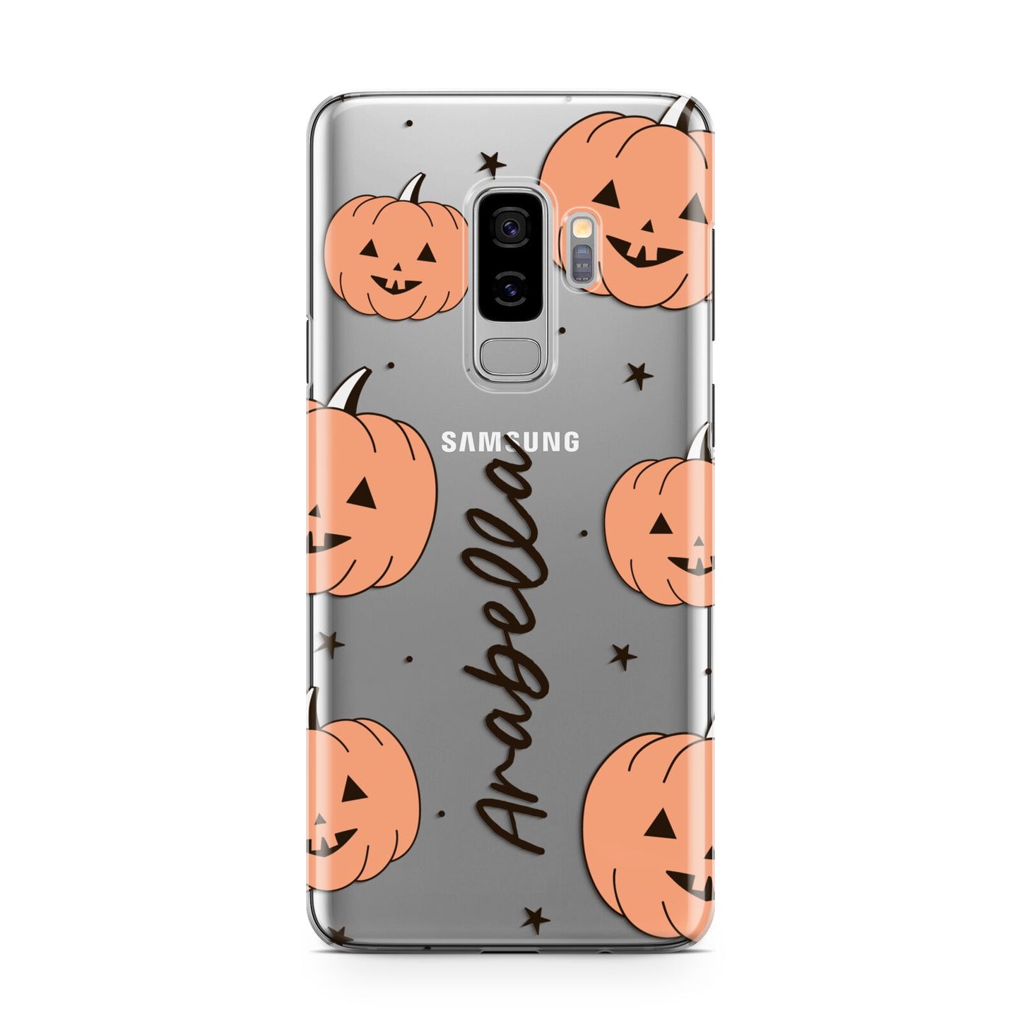 Personalised Orange Pumpkin Samsung Galaxy S9 Plus Case on Silver phone