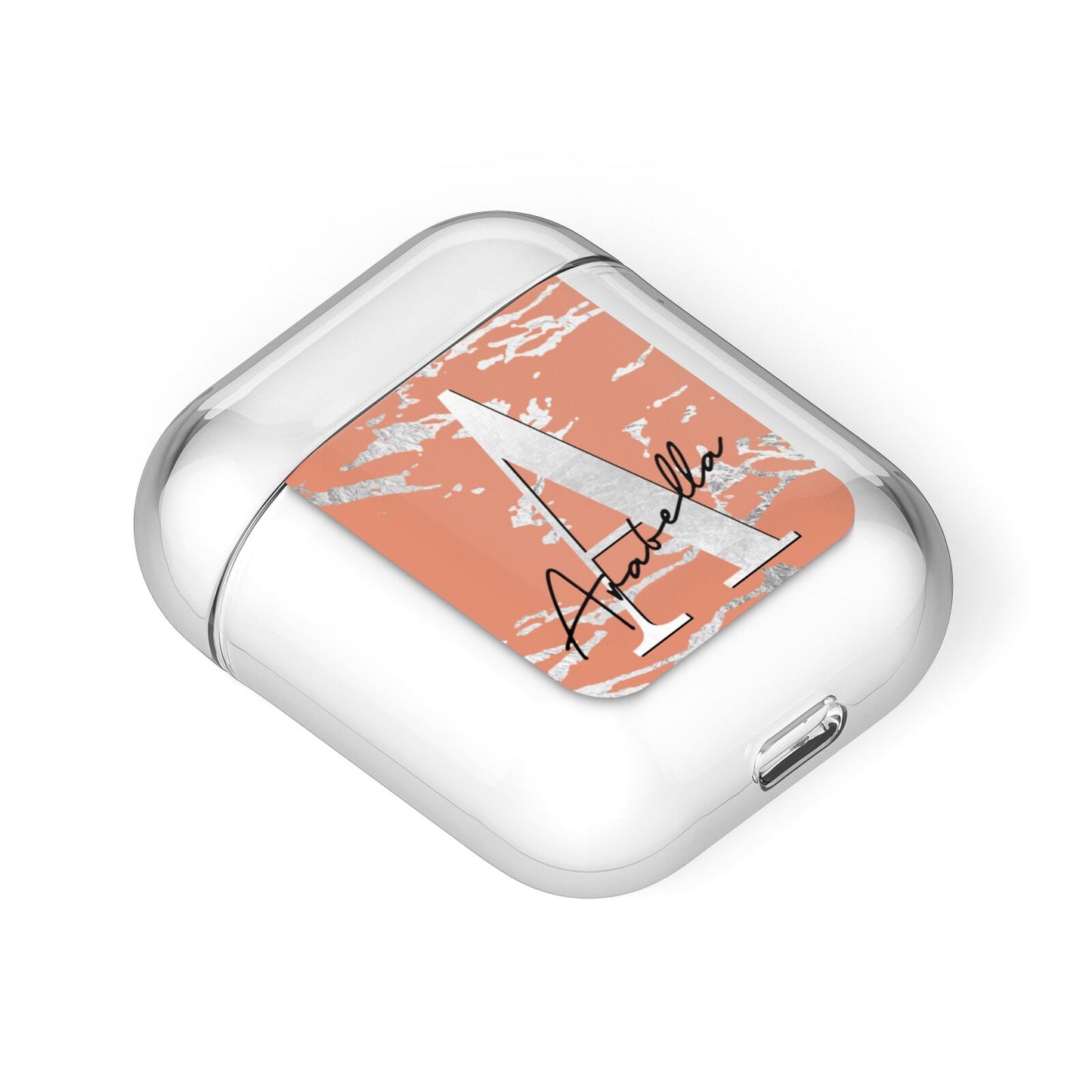 Personalised Orange Silver AirPods Case Laid Flat