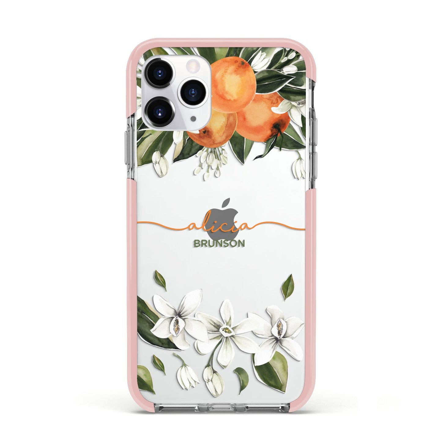 Personalised Orange Tree Wreath Apple iPhone 11 Pro in Silver with Pink Impact Case