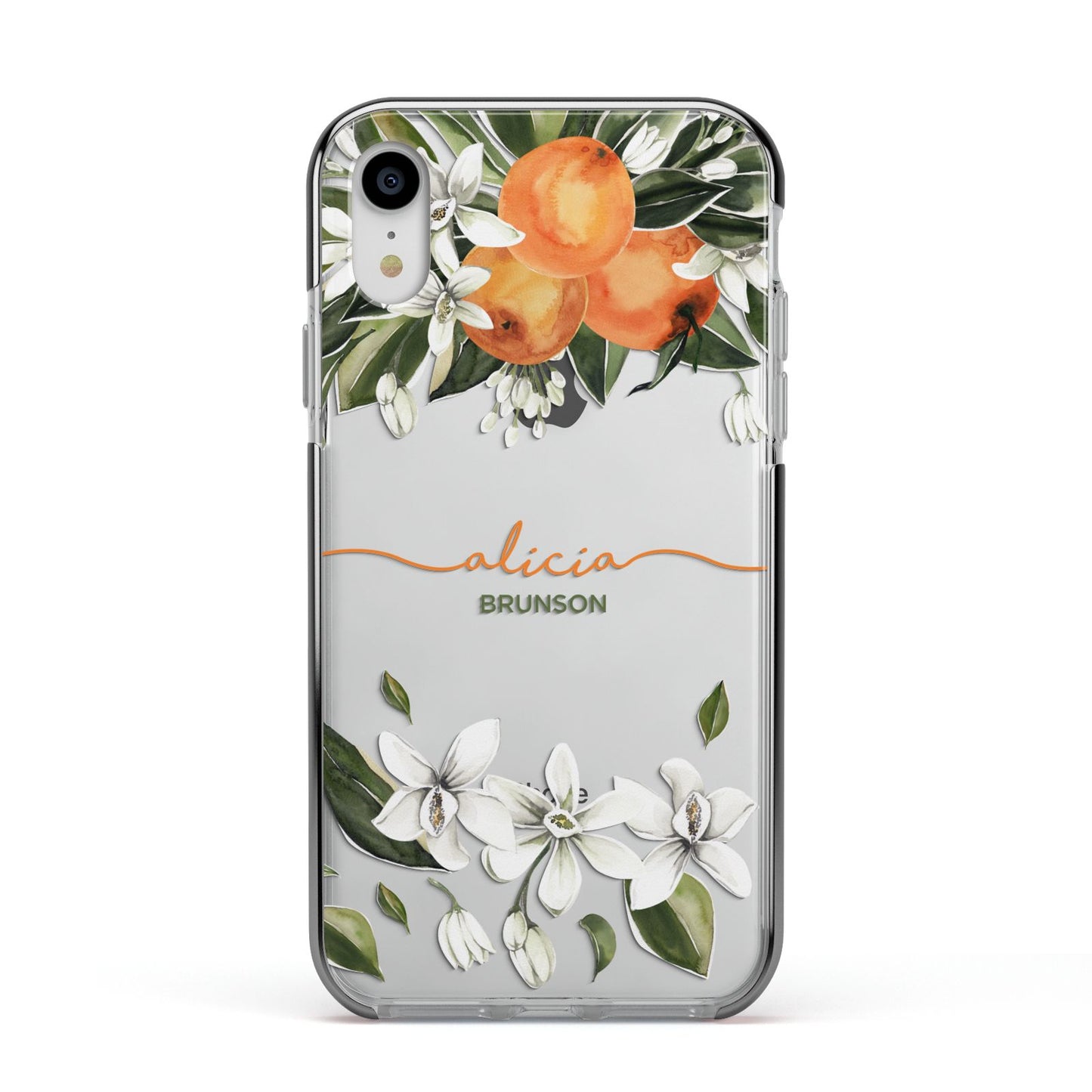 Personalised Orange Tree Wreath Apple iPhone XR Impact Case Black Edge on Silver Phone