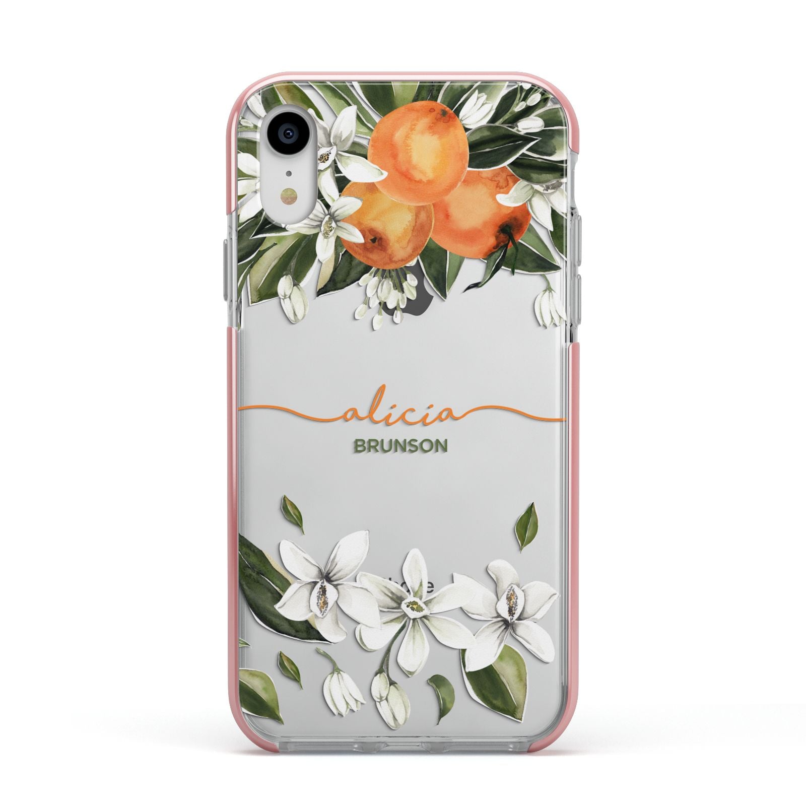 Personalised Orange Tree Wreath Apple iPhone XR Impact Case Pink Edge on Silver Phone