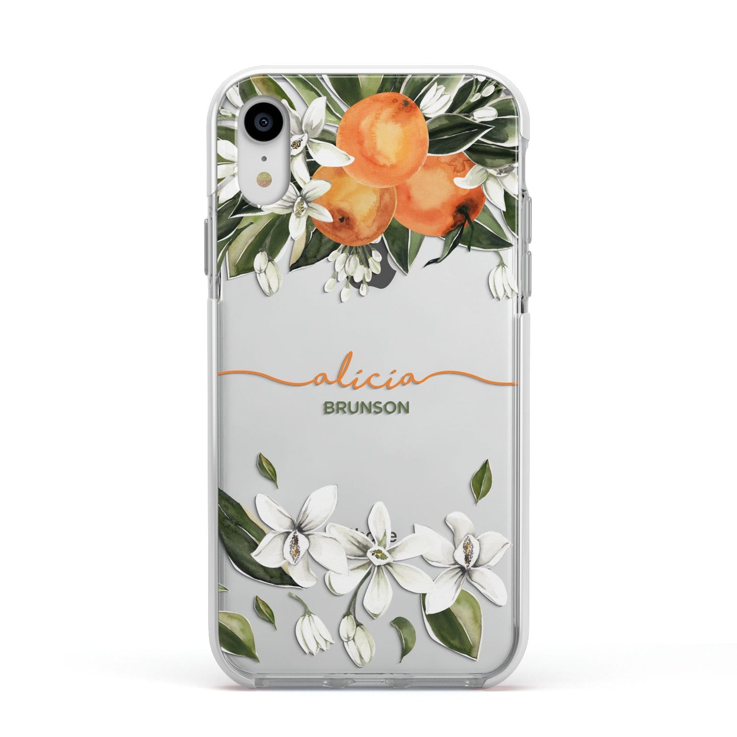 Personalised Orange Tree Wreath Apple iPhone XR Impact Case White Edge on Silver Phone