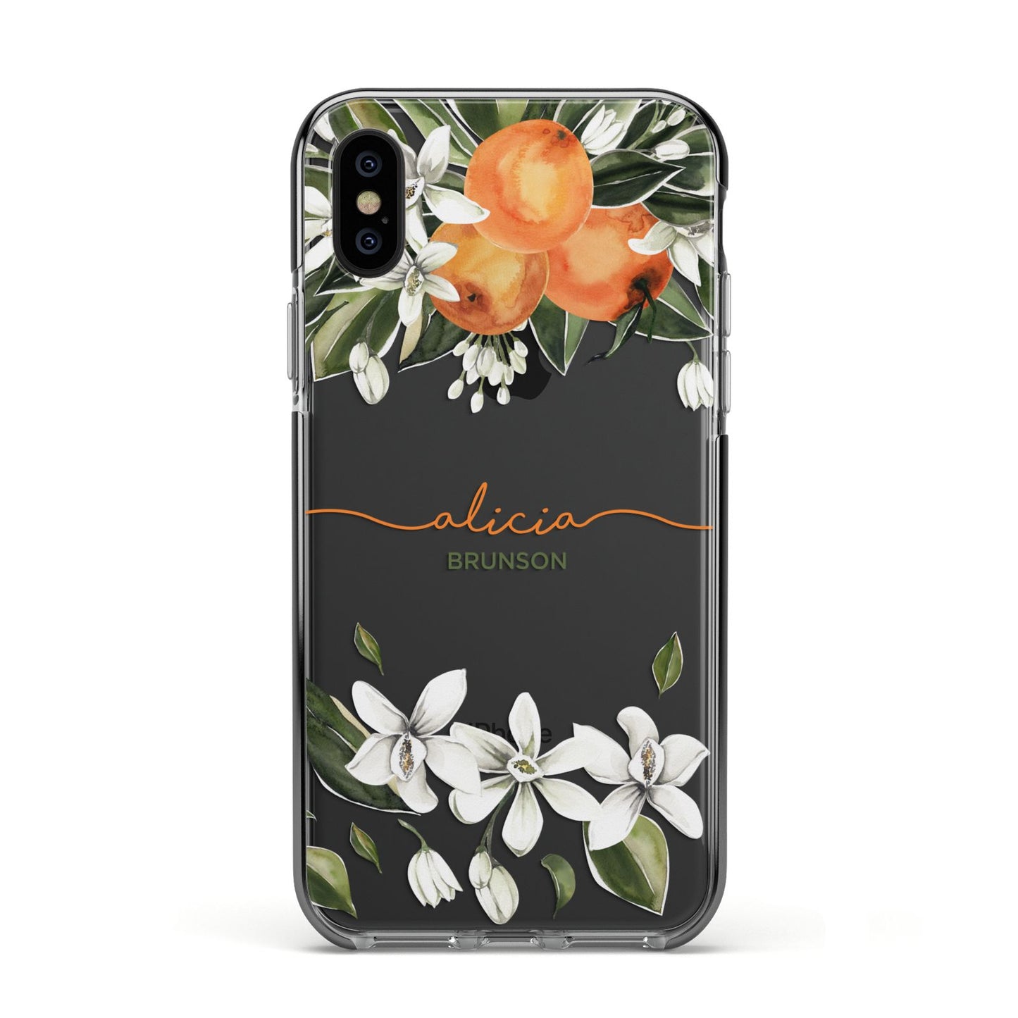 Personalised Orange Tree Wreath Apple iPhone Xs Impact Case Black Edge on Black Phone