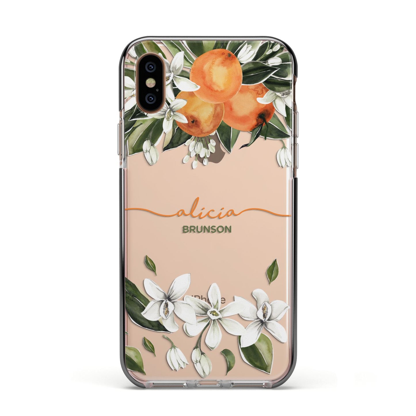 Personalised Orange Tree Wreath Apple iPhone Xs Impact Case Black Edge on Gold Phone