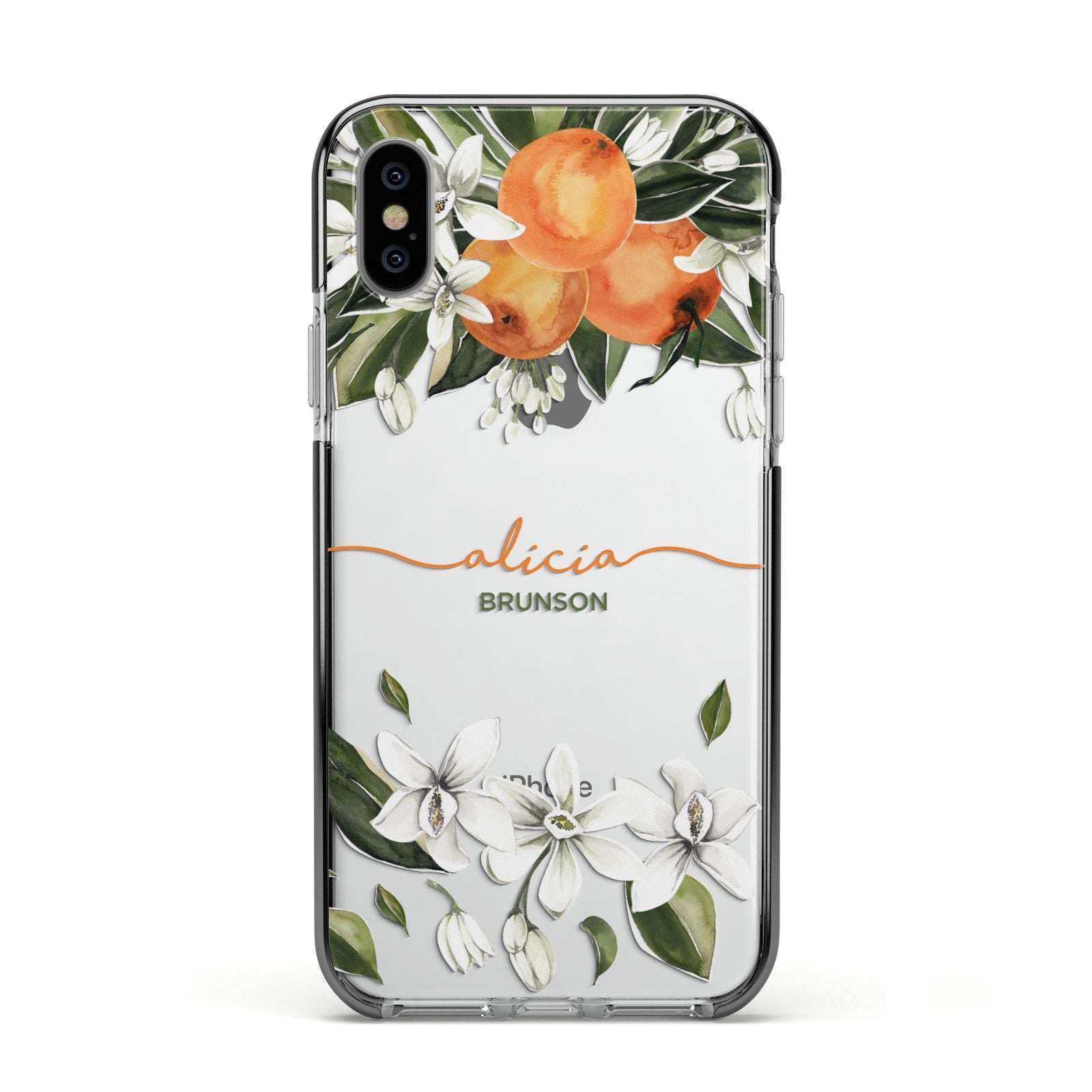 Personalised Orange Tree Wreath Apple iPhone Xs Impact Case Black Edge on Silver Phone