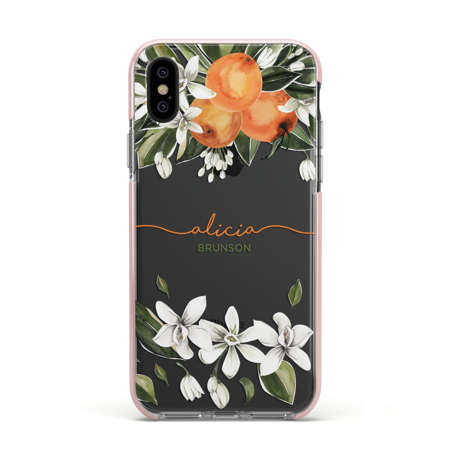 Personalised Orange Tree Wreath Apple iPhone Xs Impact Case Pink Edge on Black Phone