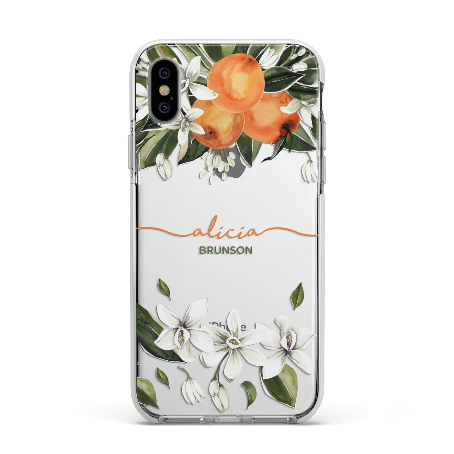 Personalised Orange Tree Wreath Apple iPhone Xs Impact Case White Edge on Silver Phone