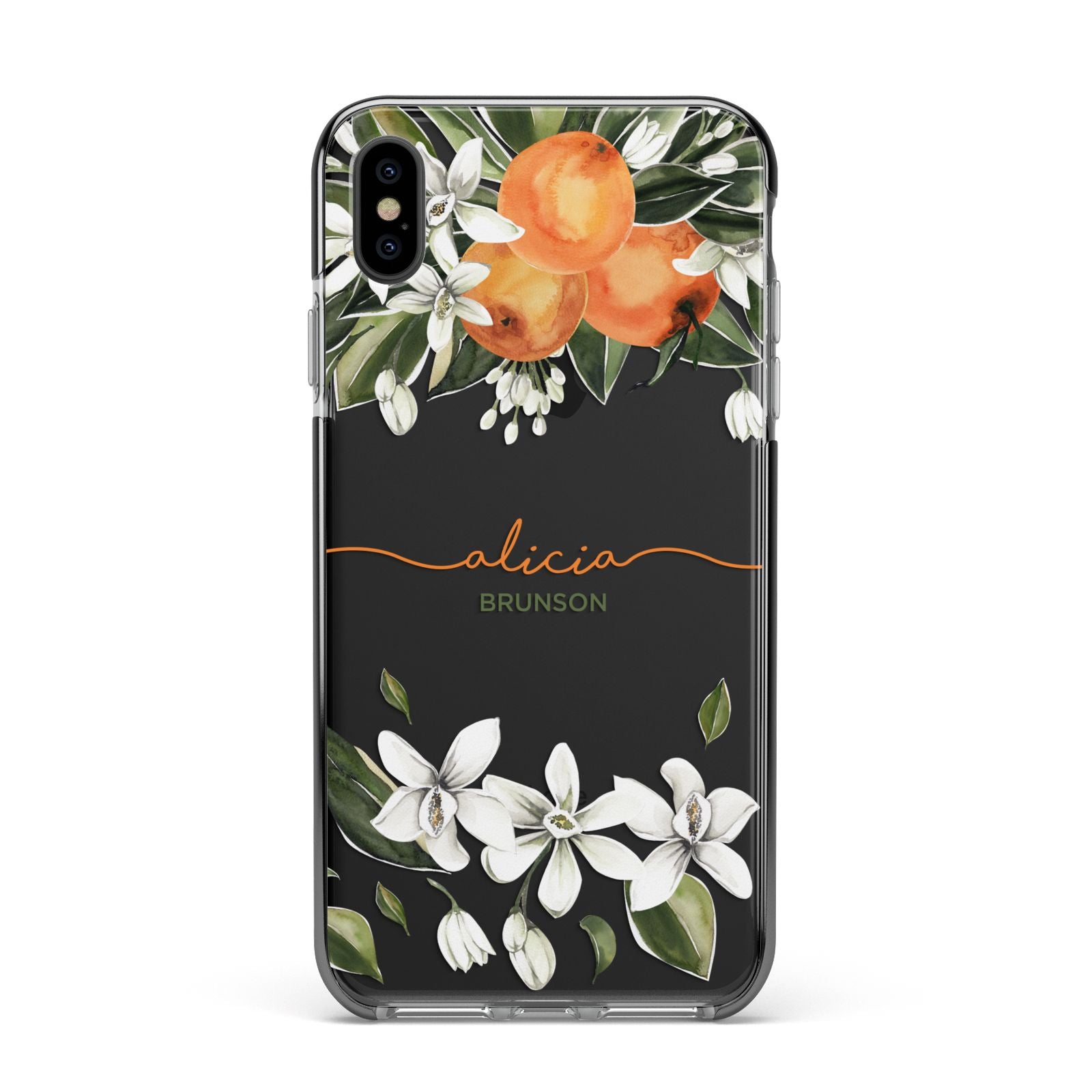 Personalised Orange Tree Wreath Apple iPhone Xs Max Impact Case Black Edge on Black Phone