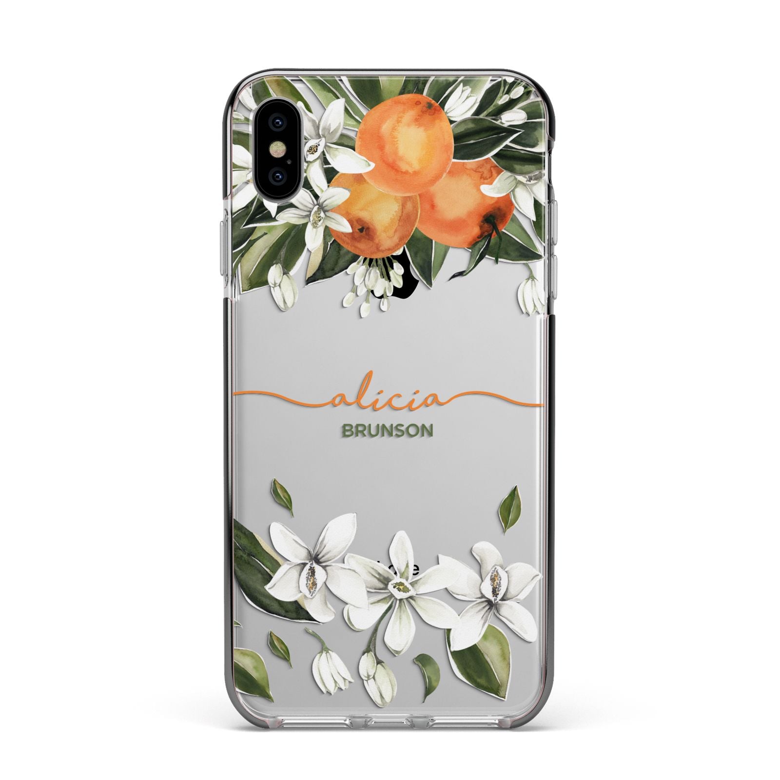 Personalised Orange Tree Wreath Apple iPhone Xs Max Impact Case Black Edge on Silver Phone