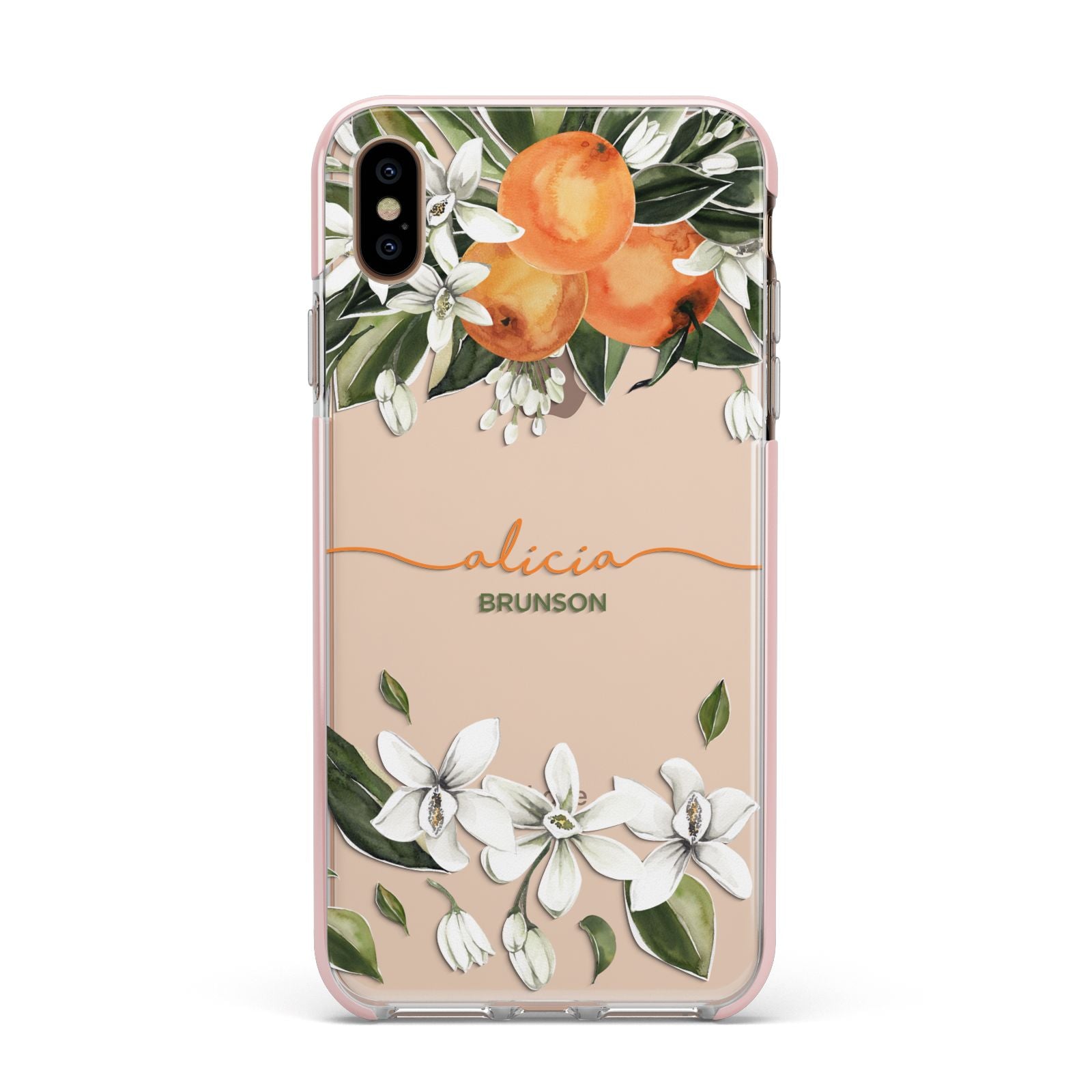 Personalised Orange Tree Wreath Apple iPhone Xs Max Impact Case Pink Edge on Gold Phone