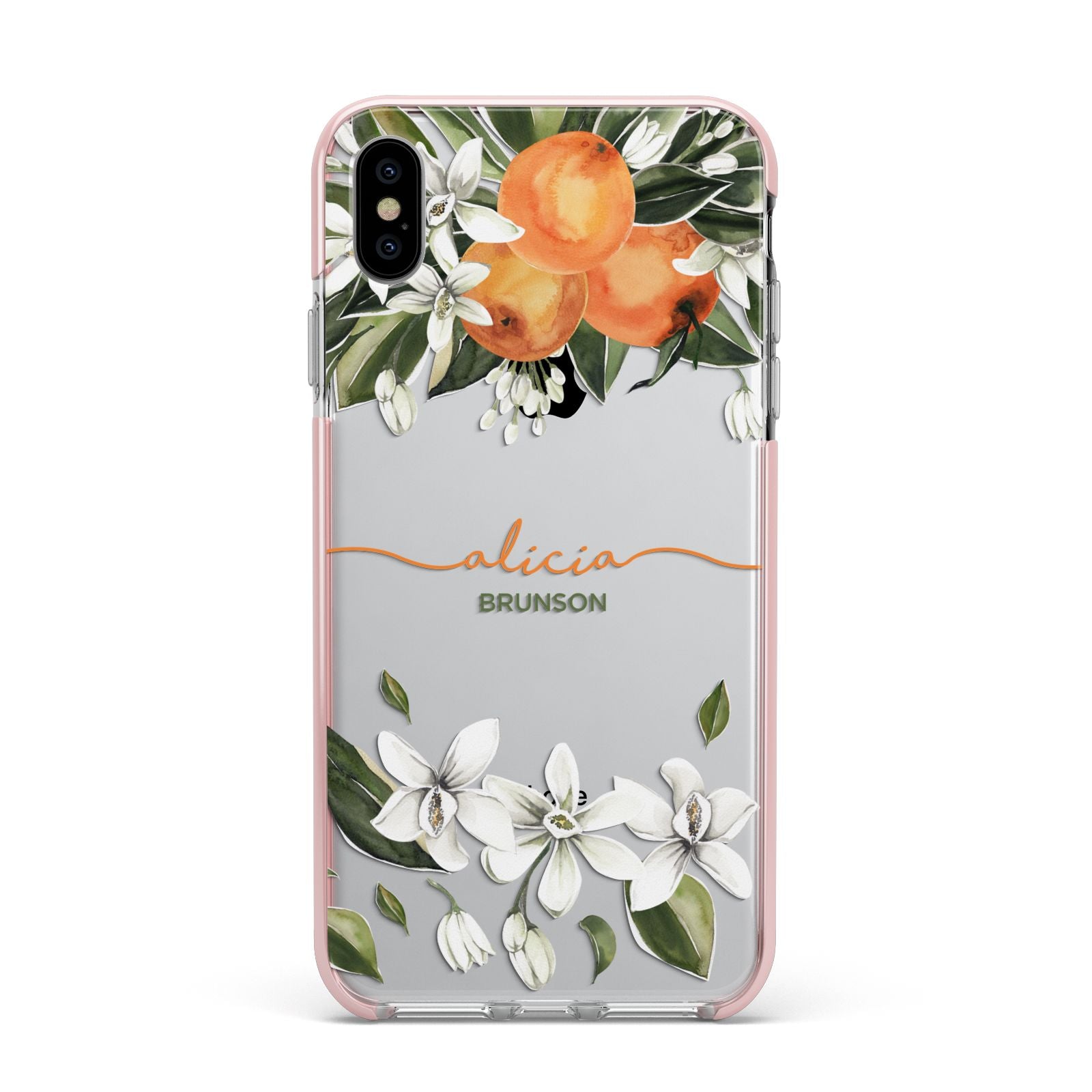 Personalised Orange Tree Wreath Apple iPhone Xs Max Impact Case Pink Edge on Silver Phone