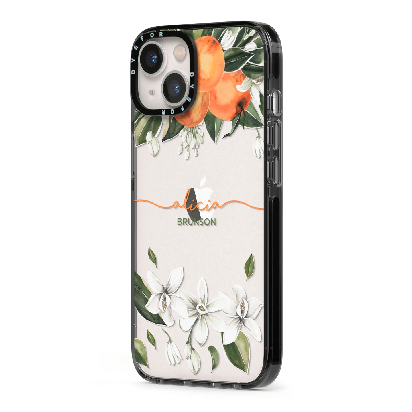 Personalised Orange Tree Wreath iPhone 13 Black Impact Case Side Angle on Silver phone