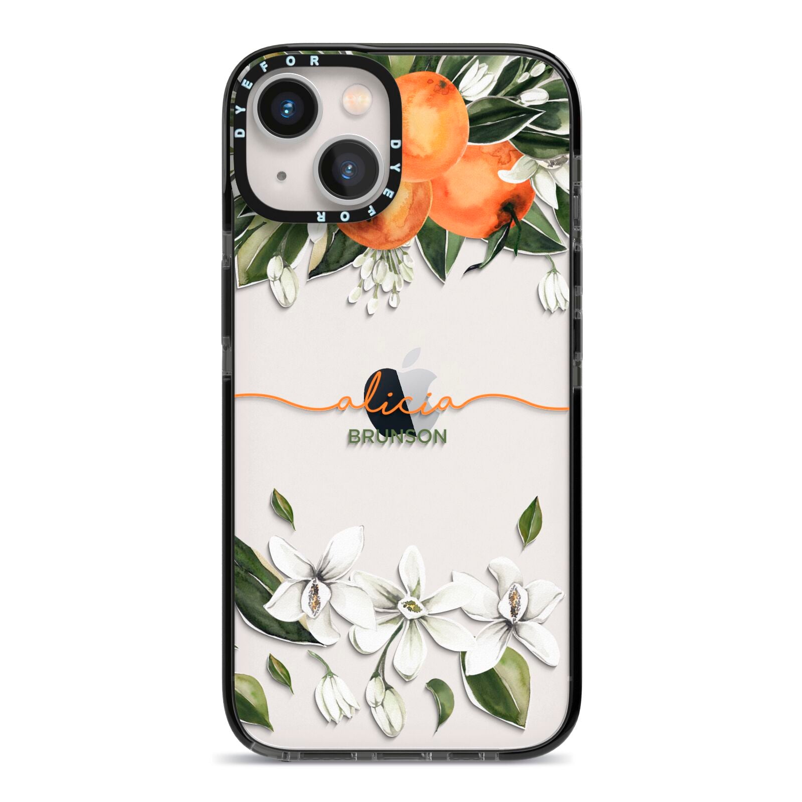 Personalised Orange Tree Wreath iPhone 13 Black Impact Case on Silver phone