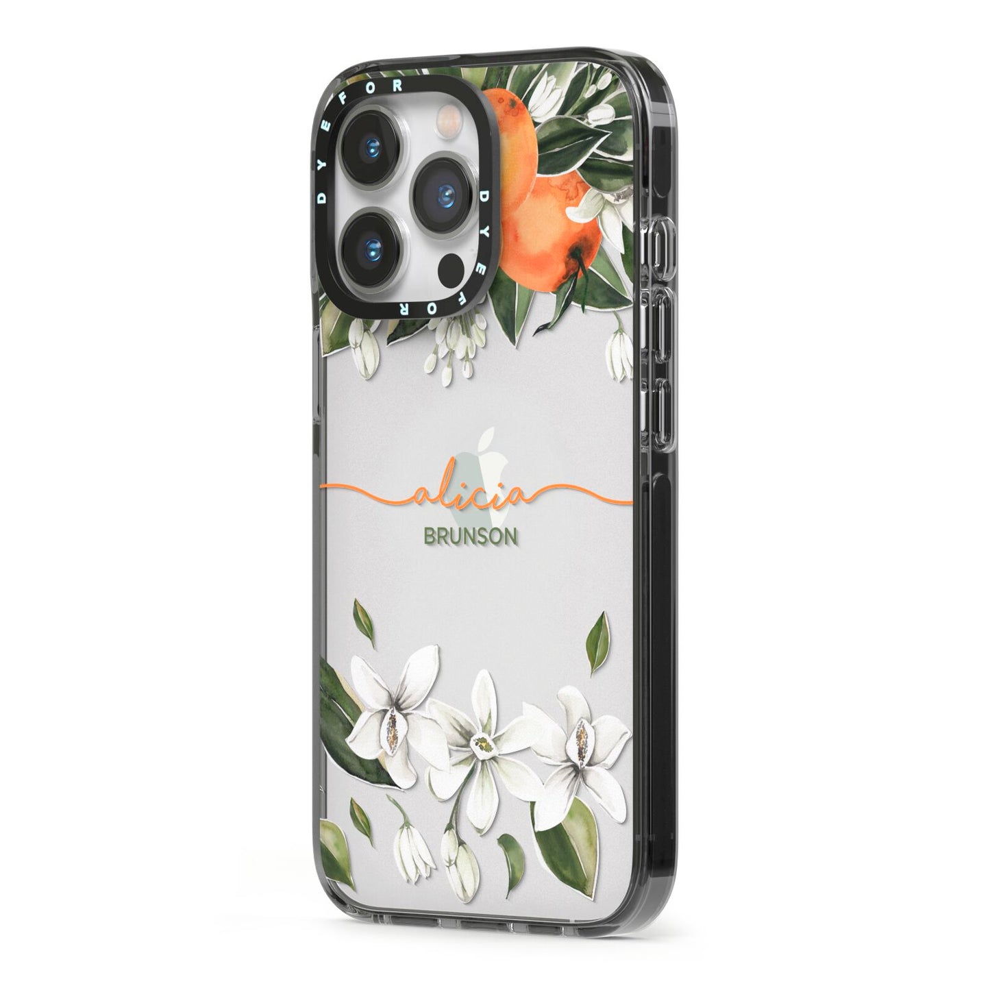 Personalised Orange Tree Wreath iPhone 13 Pro Black Impact Case Side Angle on Silver phone