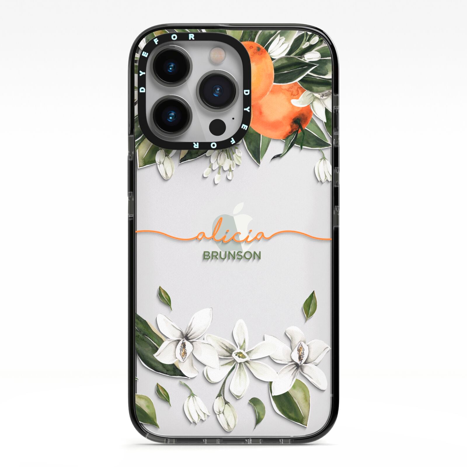 Personalised Orange Tree Wreath iPhone 13 Pro Black Impact Case on Silver phone