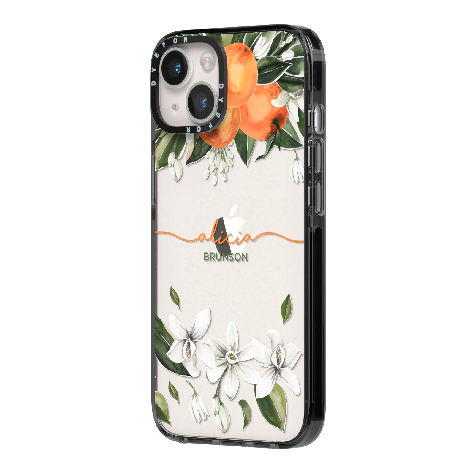 Personalised Orange Tree Wreath iPhone 14 Black Impact Case Side Angle on Silver phone