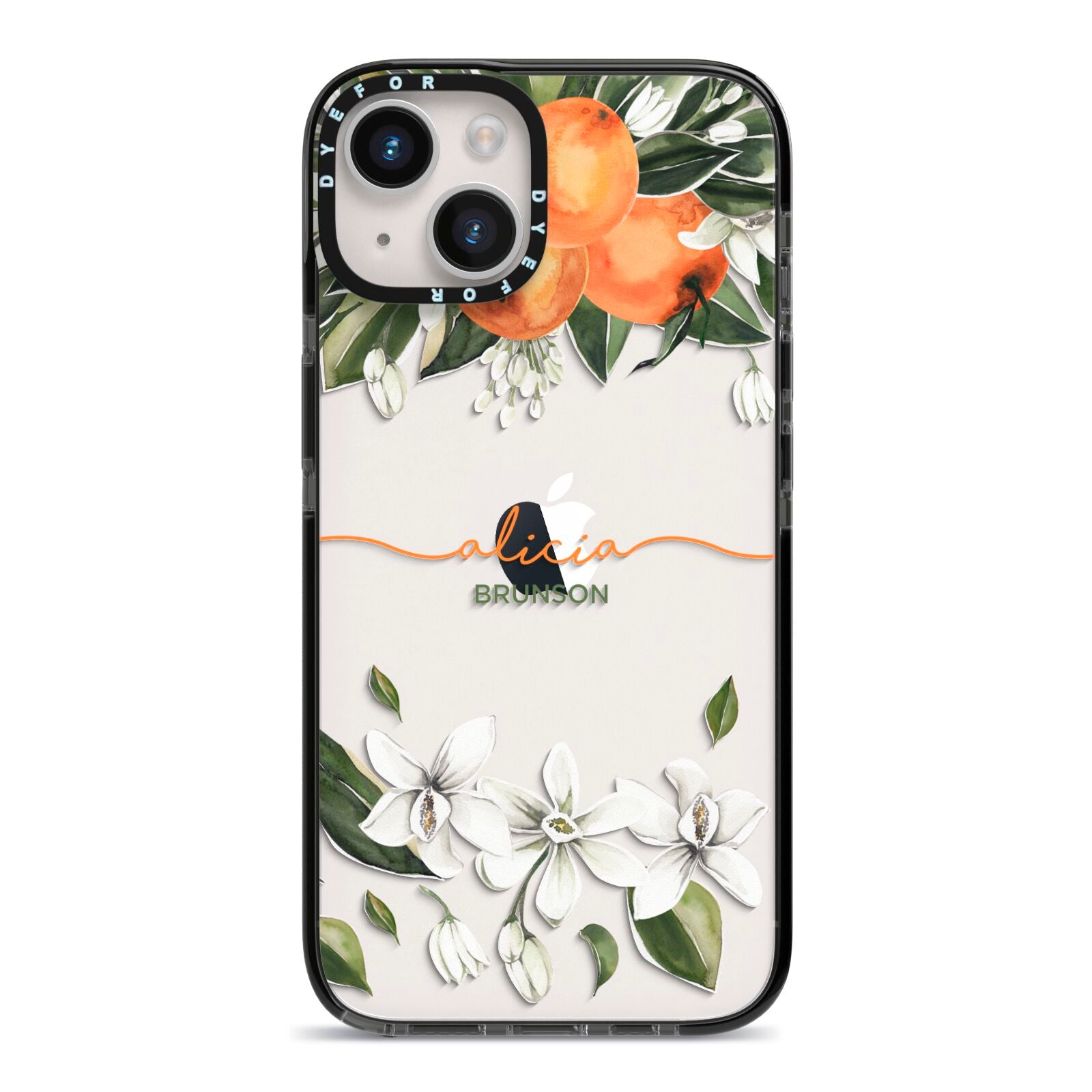 Personalised Orange Tree Wreath iPhone 14 Black Impact Case on Silver phone