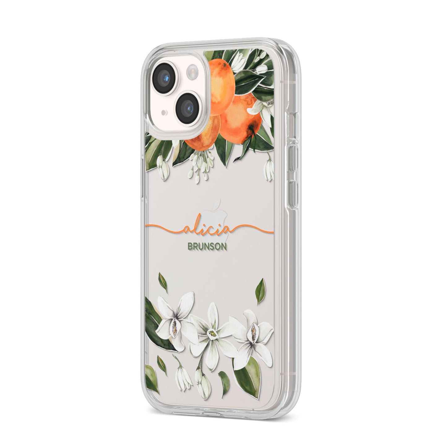 Personalised Orange Tree Wreath iPhone 14 Clear Tough Case Starlight Angled Image