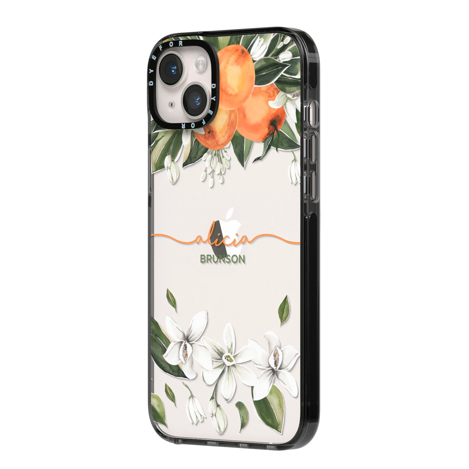 Personalised Orange Tree Wreath iPhone 14 Plus Black Impact Case Side Angle on Silver phone