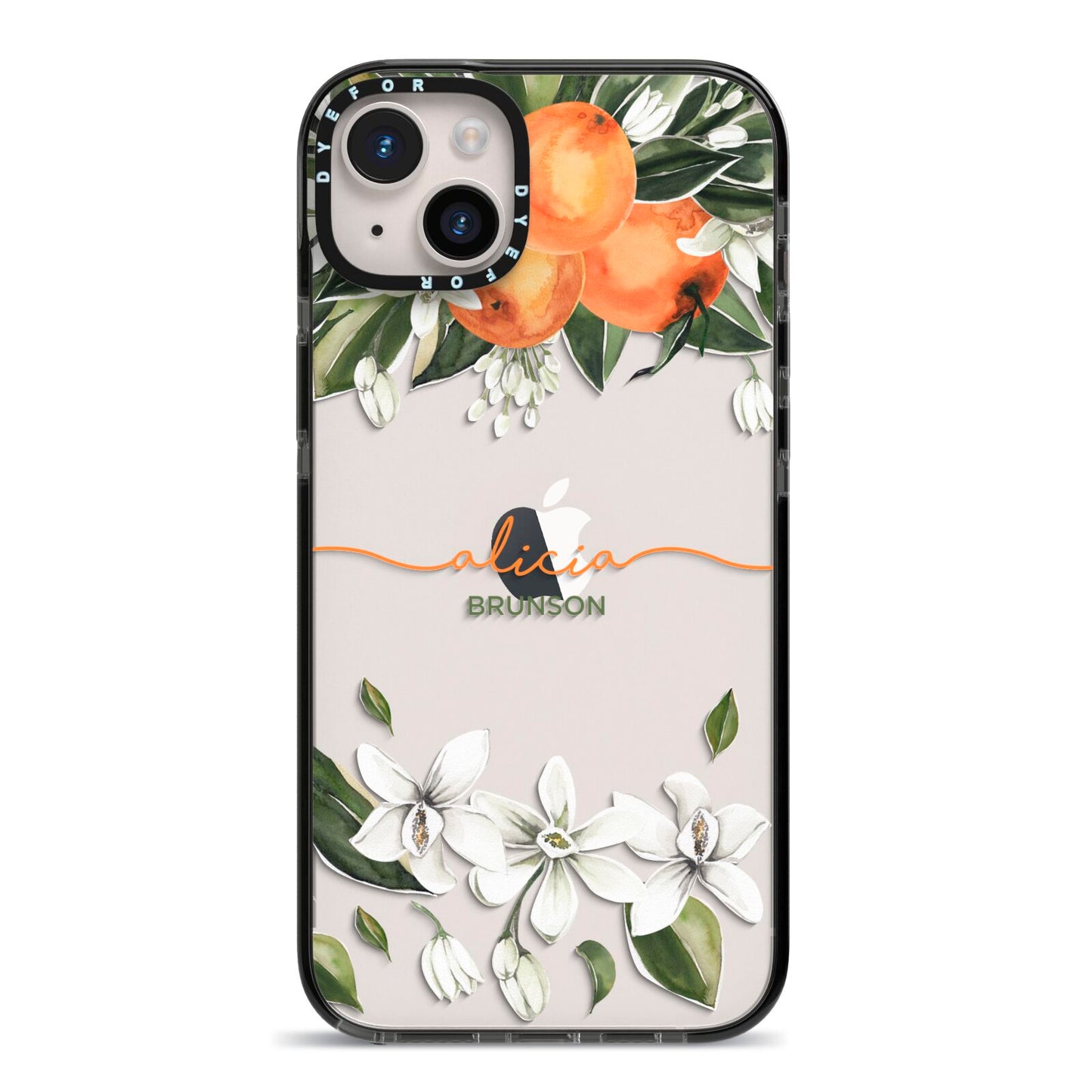 Personalised Orange Tree Wreath iPhone 14 Plus Black Impact Case on Silver phone