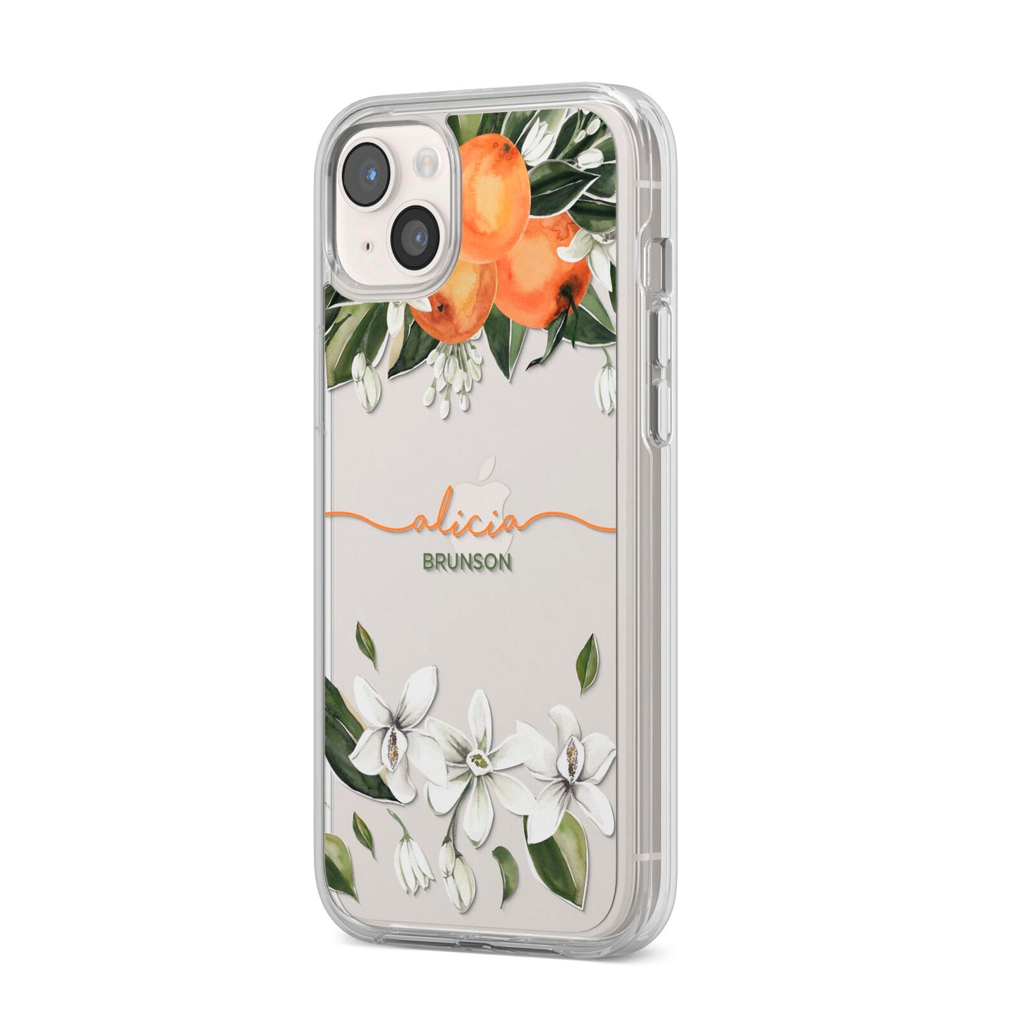 Personalised Orange Tree Wreath iPhone 14 Plus Clear Tough Case Starlight Angled Image